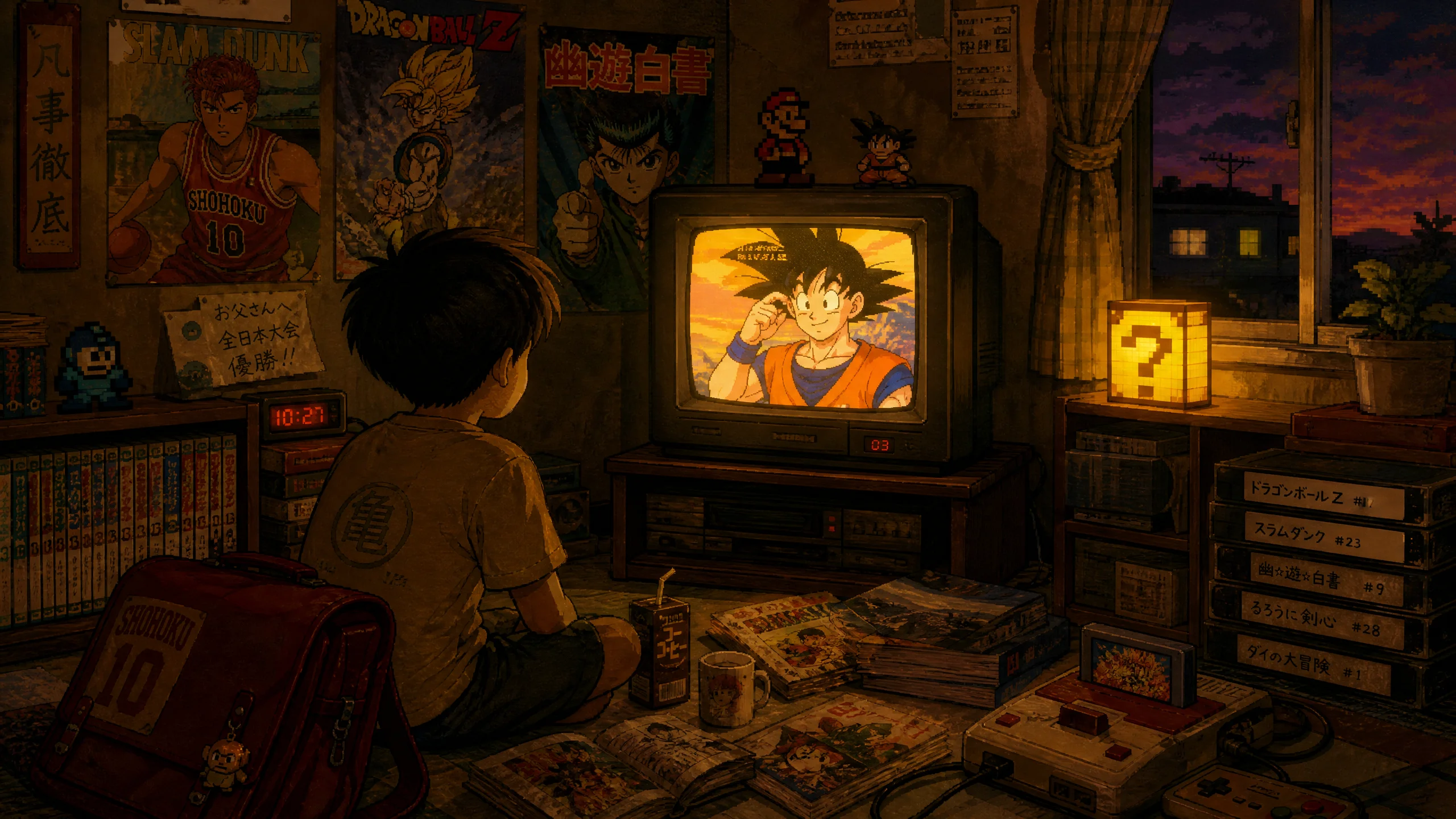 90年代儿童房间，小孩坐在电视前看动漫